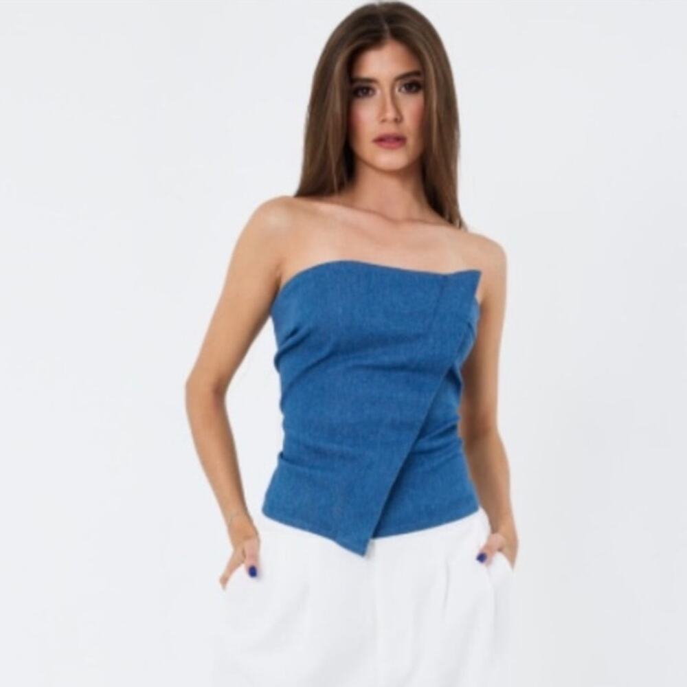 Milk and Honey Asymmetrical Strapless Denim Top Women's Medium Western Indie